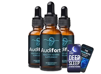 Three Audifort dropper bottles with two e-book covers, the 3-bottle package