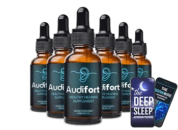 Six Audifort dropper bottles with two e-book covers, the 6-bottle package
