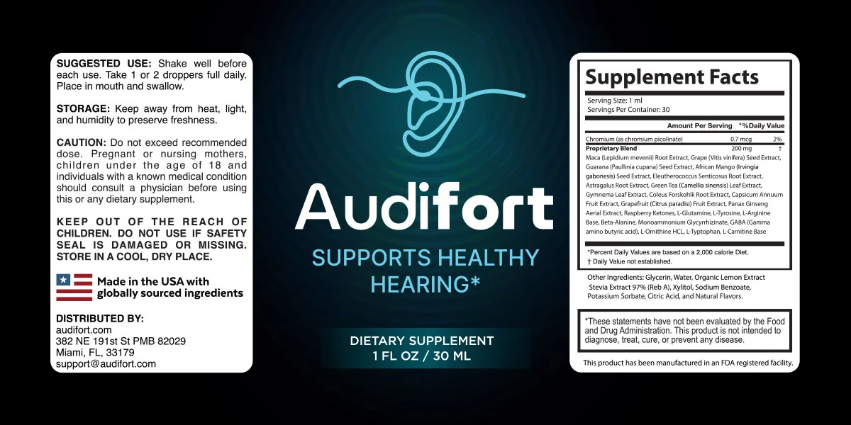 The Audifort label with directions, the supplement facts panel and the caution panel