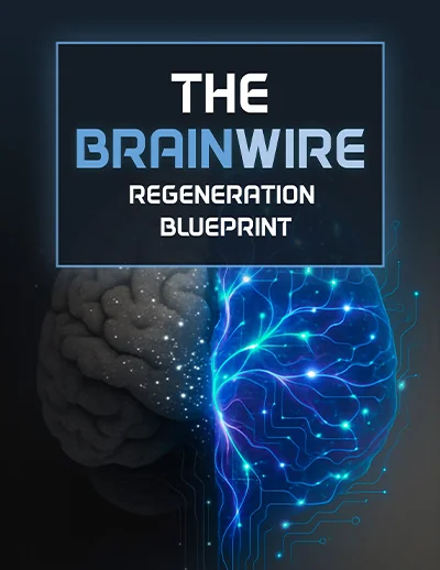 Cover of the free e-book The Brainwire Regeneration Blueprint, a glowing blue and grey brain